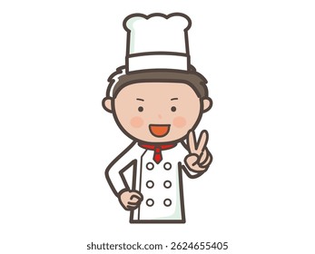 Illustration of the upper body of a young male chef smiling and making a peace sign