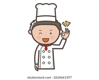Illustration of the upper body of a young male chef sending an OK sign