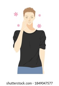 Illustration of the upper body of a young man doing skin care