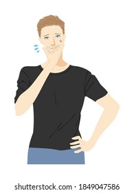 Illustration of the upper body of a young man doing skin care