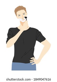 Illustration of the upper body of a young man doing skin care