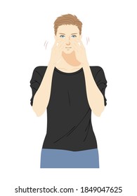Illustration of the upper body of a young man doing skin care