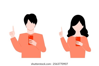 Illustration of the upper body of a young man and woman holding and explaining a smartphone.