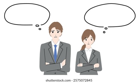 Illustration of the upper body of a young man and woman in business suits with problems.