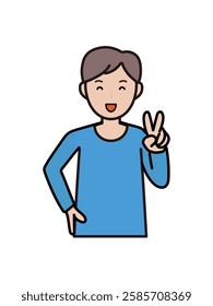 Illustration of an upper body of a young man smiling and making a peace sign