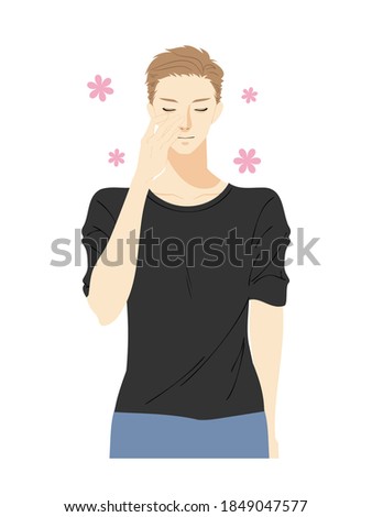 Illustration of the upper body of a young man doing skin care