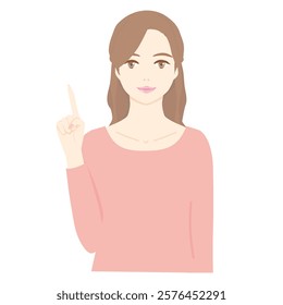 Illustration of the upper body of a young woman smiling and explaining a point.