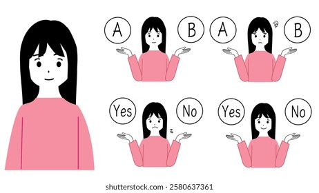 Illustration of the upper body of a young woman making a choice