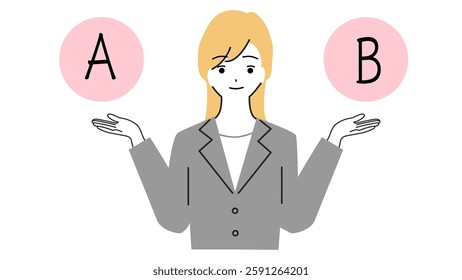 Illustration of the upper body of a young woman comparing A and B with her hands in the shape of a balance