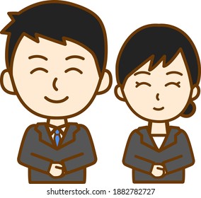 An illustration of the upper half of the body of a smiling man and woman in a recruit suit