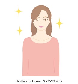 An illustration of the upper half of a young woman's body, smiling and sparkling.