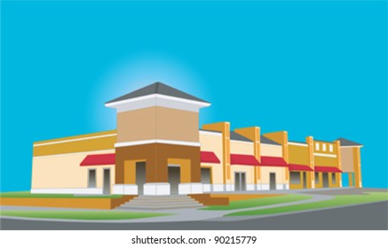 Illustration Of An Upscale Beige Toned Strip Mall Building With Red Awnings And Tinted Glass