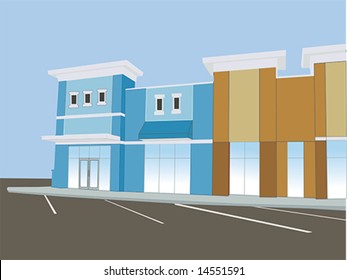 illustration of a upscale commercial mall with parking lot
