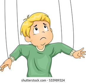 Illustration of an Upset Little Boy with Strings Tied to His Arms Being Manipulated Like a Marionette