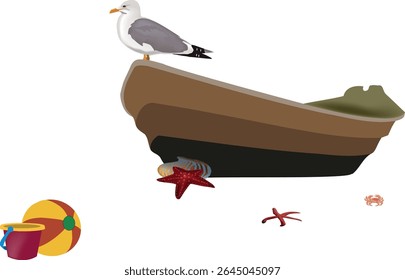 Illustration of an upside down boat on a beach with a seagull standing on it, with starfishes and toys around, representing summer holidays
