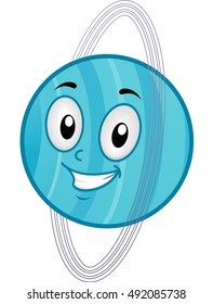 Illustration of a Uranus Mascot Featuring a Smiling Blue Planet Surrounded by Giant Rings