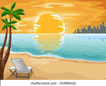 Illustration of an Urban Beachfront with the Setting Sun as its Background