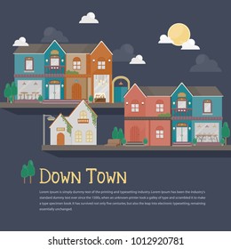 Illustration of urban building. Colorful building at night with fullmoon. Down town flat building template.
