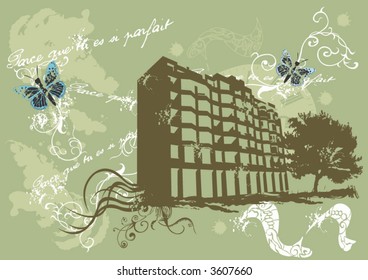 Illustration of an urban building and a tree