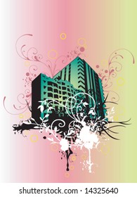 Illustration of urban buildings and grungy patterns