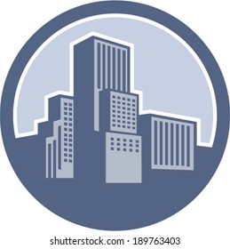 Illustration of  urban commercial skyscraper buildings set inside circle done in retro woodcut style.