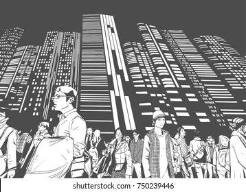 Illustration of urban crowd from low angle view with towers and high rises in background in black and white