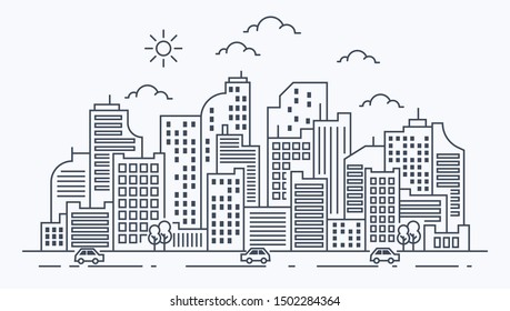 Illustration of urban landscape with cars on white background
