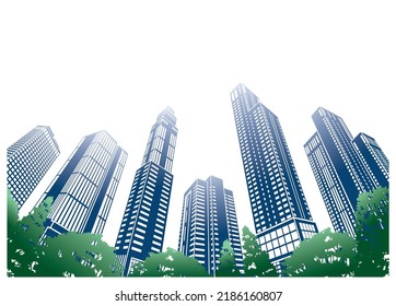 Illustration of urban landscape with skyscrapers.