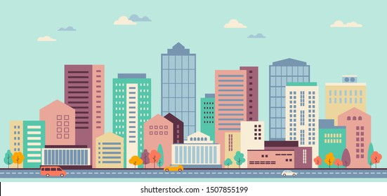 Illustration of urban landscape street with cars, trees, skyline city office buildings, on light background. Wide horizontal panorama. Vector illustration