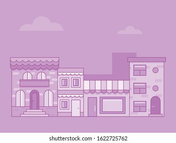 illustration of urban landscape with trees in flat style. Old town drawn in cartoon way. Historical houses in old city. Сityscape in front view on rose background, Concept of tourism in Europa