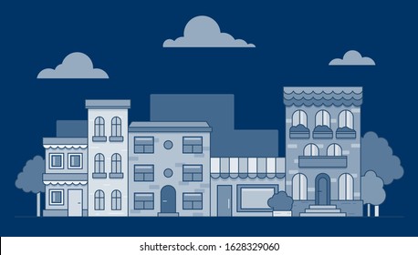 illustration of urban landscape with trees in flat style.