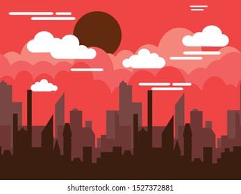 Illustration of urban landscape.Flat element.Houses, clouds and sun.Red city background. Banner. Vector