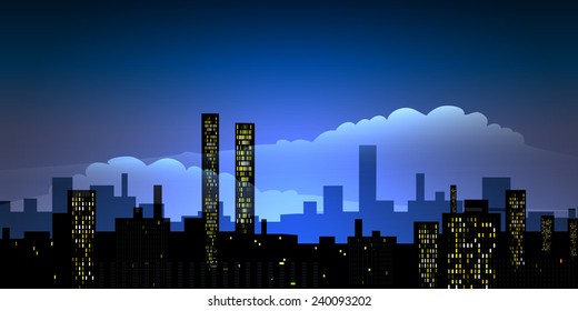 Illustration of urban night cityscape against cloudy sky