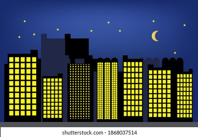 Illustration of an urban night landscape with a beautiful starry sky