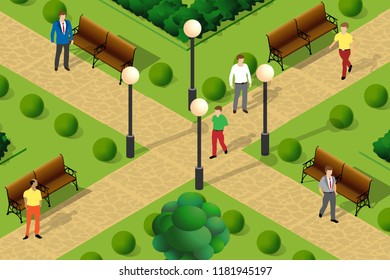 Illustration of an urban park with trees and fir trees. The landscape of city infrastructure.