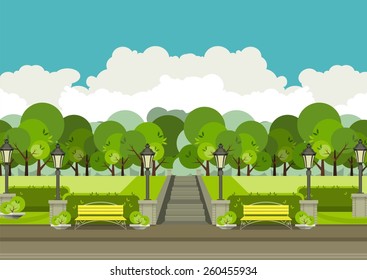 Illustration Of Urban Parks And Green Recreation Area With Benches And Beautiful Nature