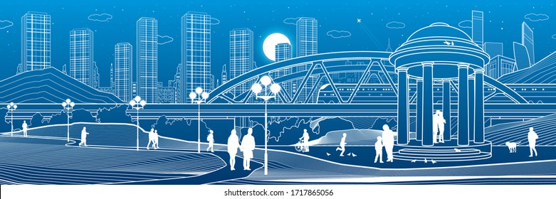 Illustration of urban rest in the park. Train rides on bridge. Garden house. Relaxation infrastructure. Evening city scene. People walking. White lines on blue background. Vector design art