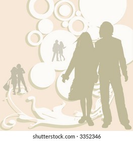 illustration of an urban scene with couples silhouettes