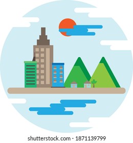 illustration of an urban scene with mountains on a flat land flat icon design