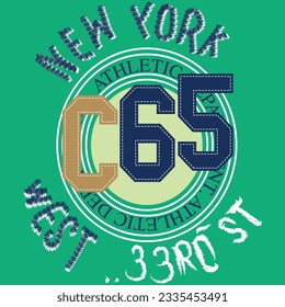 Illustration urban text New York  west athletic department. with letters C 65 embroidered Patchwork.