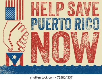 Illustration urging hurricane relief for Puerto Rico. American hand pulling up 
Puerto Rican hand. Concept of helping or saving victims. 