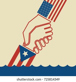 Illustration urging hurricane relief for Puerto Rico. American hand pulling up 
Puerto Rican hand. Concept of helping or saving victims. 