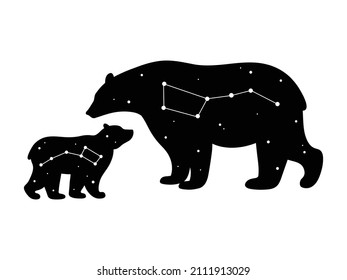 Illustration of ursa major and minor bear. Сelestial animal. Constellation sign on an animal. Mama bear with baby. Polar bear with star sky.
