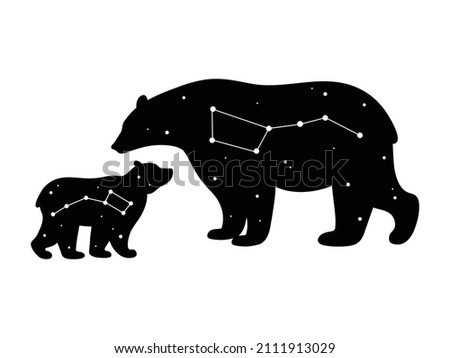 Illustration of ursa major and minor bear. Сelestial animal. Constellation sign on an animal. Mama bear with baby. Polar bear with star sky.