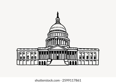 Illustration of the US Capitol building with a dome and columns. Capitol drawing in black and white. Iconic Capitol architecture in a simple sketch style. Doodle illustration vector.