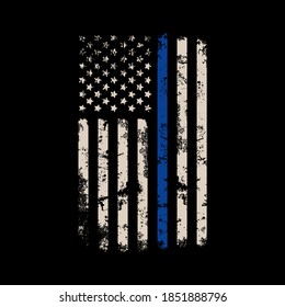 Illustration US Police Flag with distreesed, thin blue line flag