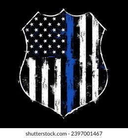 Illustration US Police Flag on a badge with distressed effect, thin blue line flag, us flag, justice,