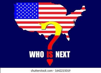 Illustration for the us presidential election in 2020 on November 3. Caption Who is next? Question mark on USA map background in national flag colors. Which of the candidates wins the election.