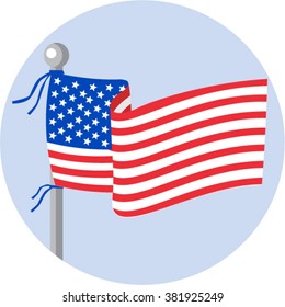 Illustration of usa american stars and stripes flag on flagpole set inside circle done in cartoon style. 
