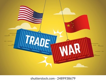 Eine Illustration des Handelskriegskonzepts der USA und Chinas, Hafenkran hebt zwei Frachtcontainer mit Flagge